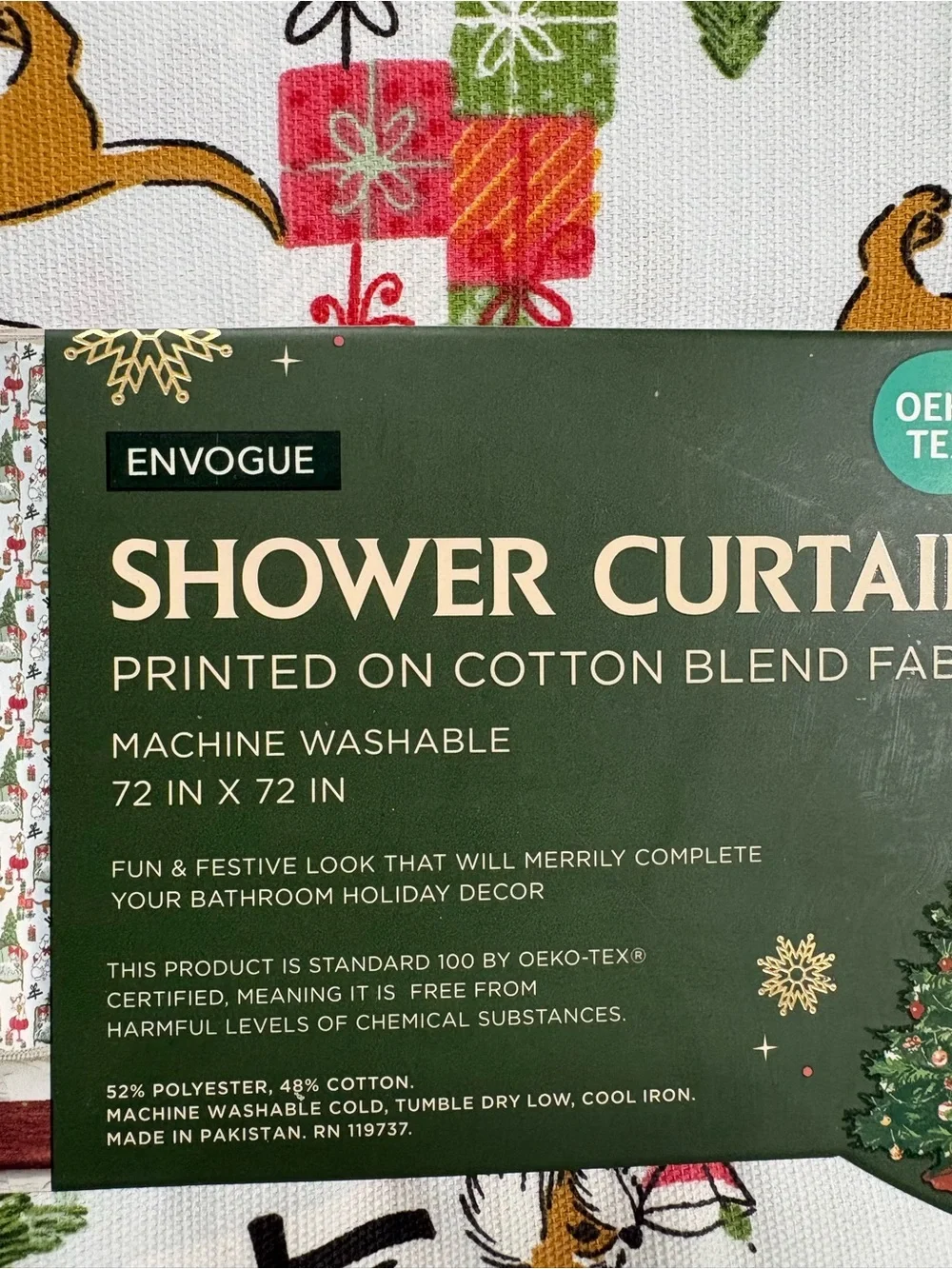 Envogue White Shower Curtain with Red & Green presents, dogs, presents, poodles
